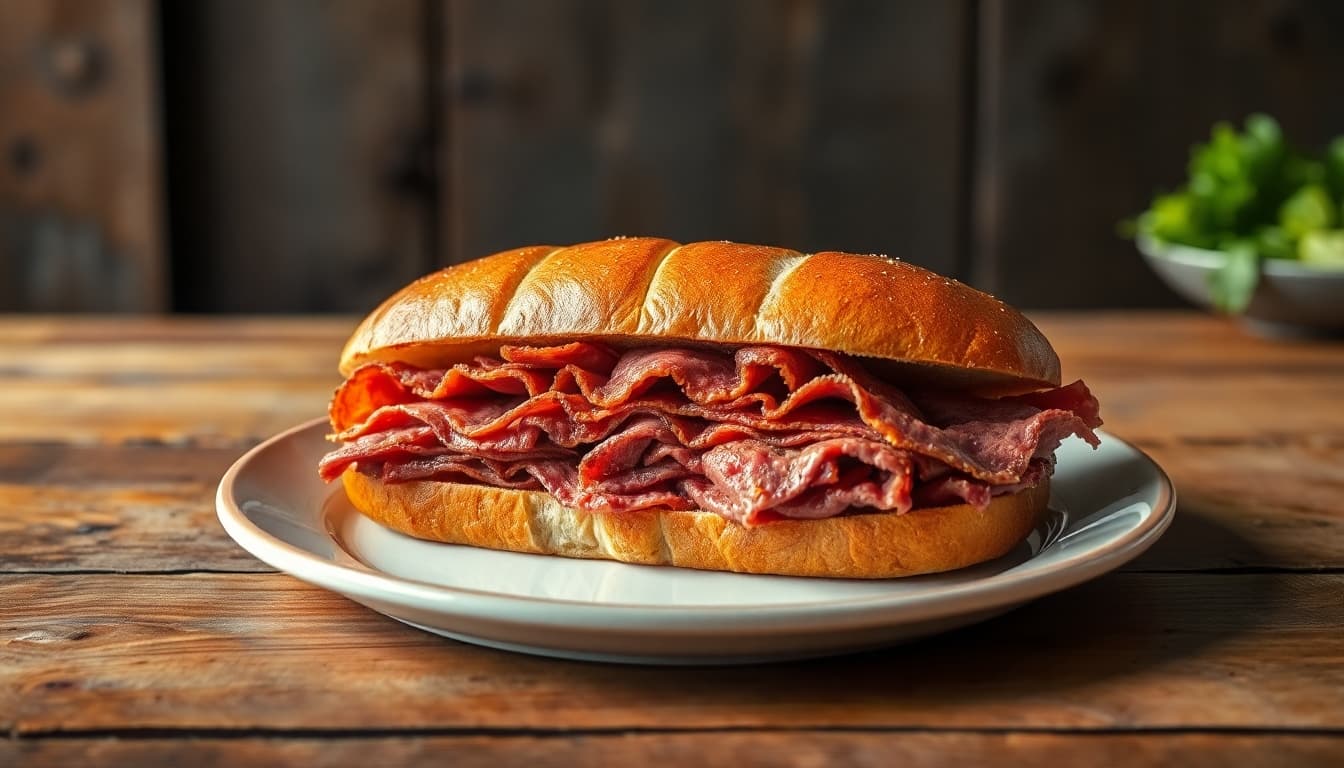 AI generated: a hot pastrami sandwich sitting on a plate on a rustic wood table, hyper realistic