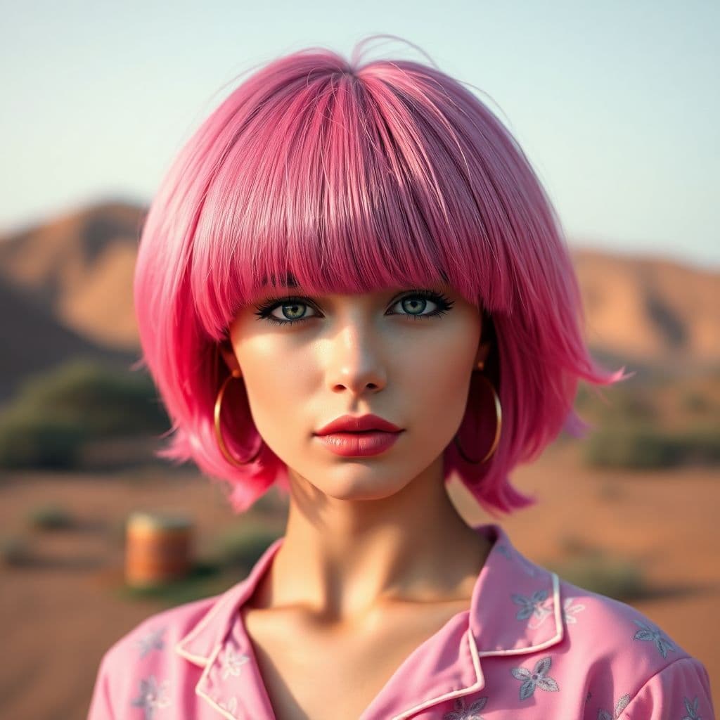 AI generated: a portrait photorealistic of a woman with huge pink haircut with bangs that covers her eyes and face...