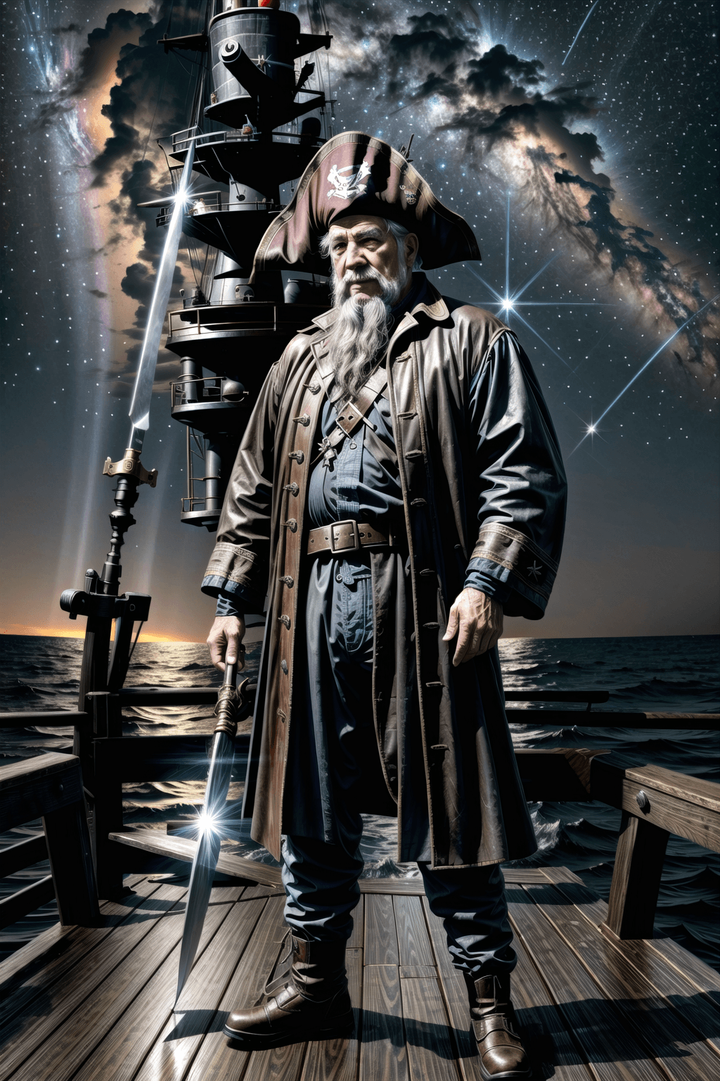 AI generated: full body 3/4 turn,head to toe image ,elderly 70 years old pirate staying on deck of submarine looki...