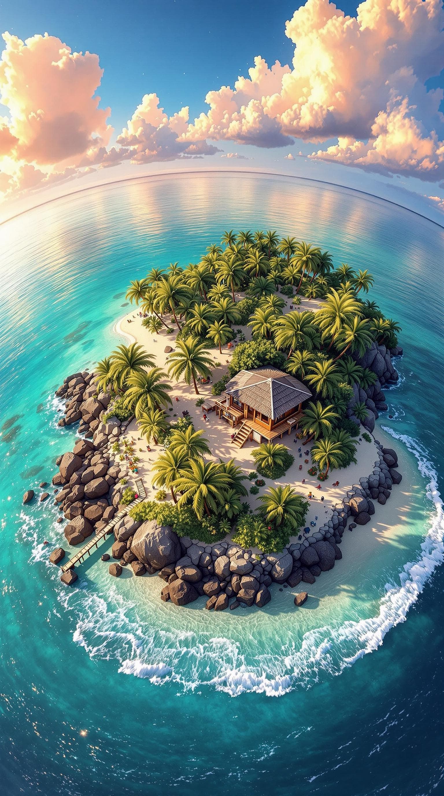 AI generated: Paradisiac island in the middle of the sea, a wooden beach house near of the shore, view from a dron...