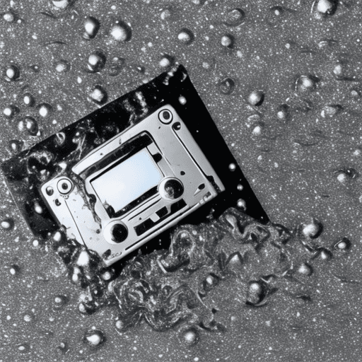 AI generated: Silver Liquid spilled on a black cassette tape. the environment has no gravity so the liquid has a b...