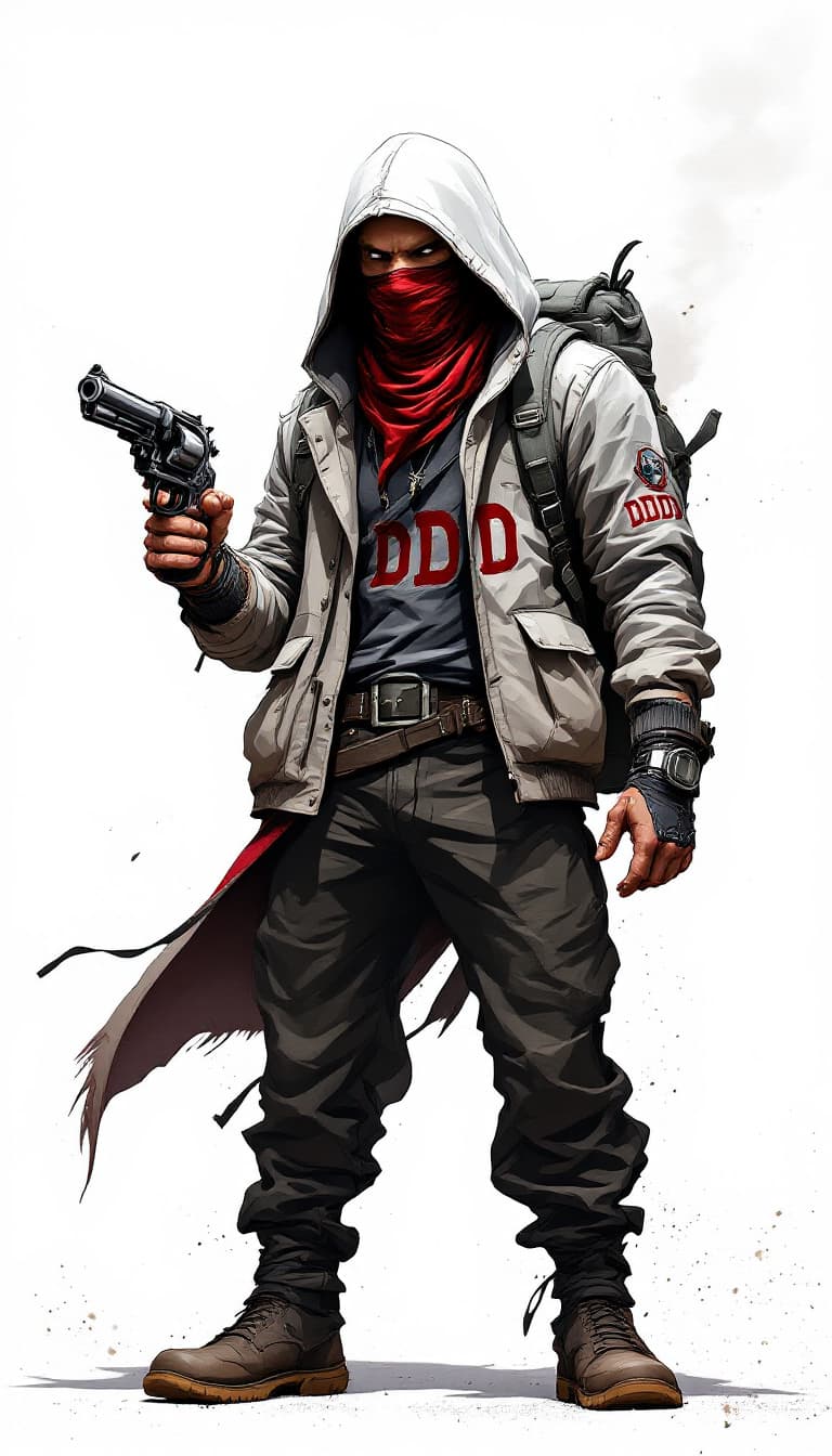 AI generated: Full body shoot image of an animation male hooded character with covered mouth bandana holding a rev...