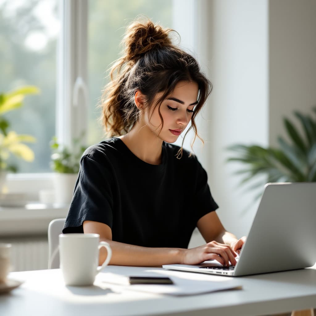 AI generated: minimalist workspace, focused designer woman at a white desk, high resolution photograph, used camer...