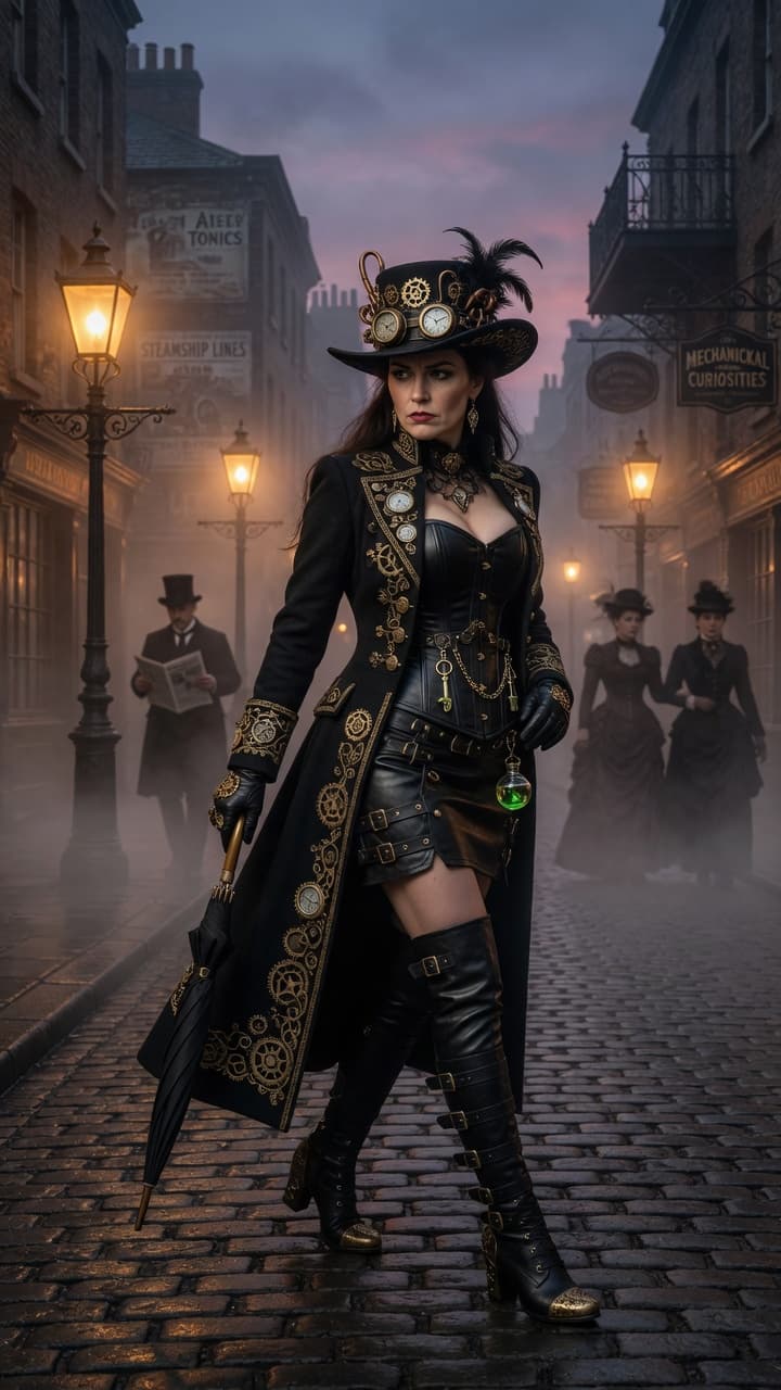 AI generated: A highly detailed cinematic photograph of a beautiful steampunk woman walking confidently down a fog...