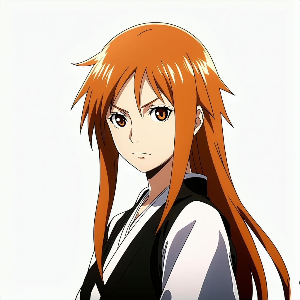 AI generated: bleach anime güzel yüzlü karakteri orihime,( belden yukarısı çıplak:1.3), oturma odasında dizlerinin...