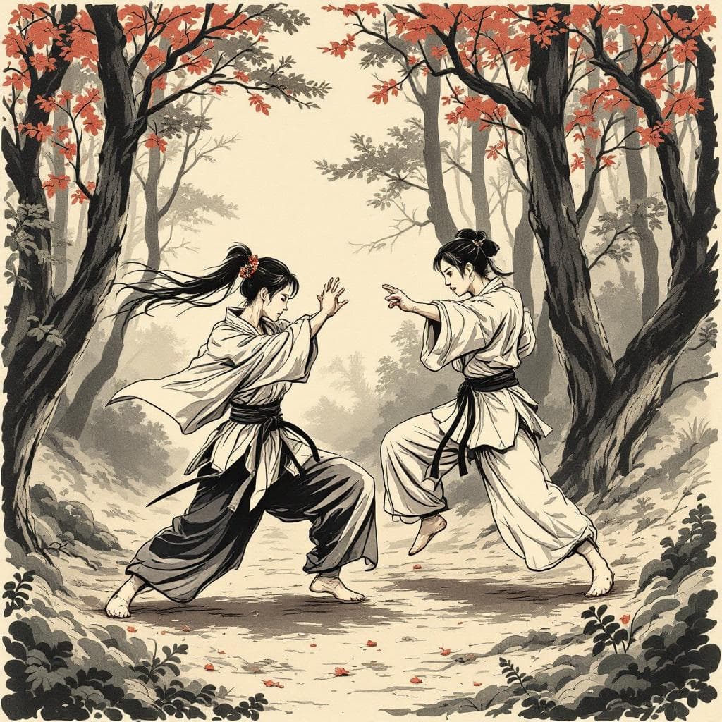 AI generated: two Japanese women karate fighting in a forest, in the style of traditional Japanese ink painting, t...