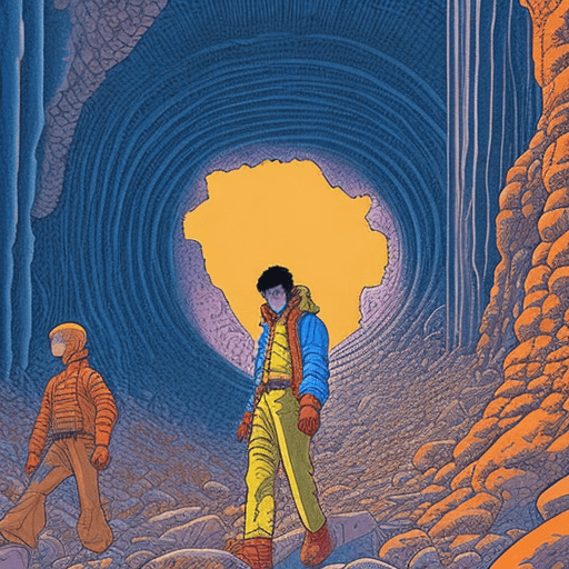 AI generated: A young man in an orange jumpsuit is surrounded in the style of Jean Giraud Moebius, walking through...