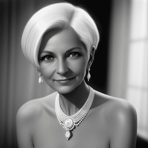 AI generated: 60 year old black and white photography of an elegant woman, short grey hair, slim, skinny, expensiv...