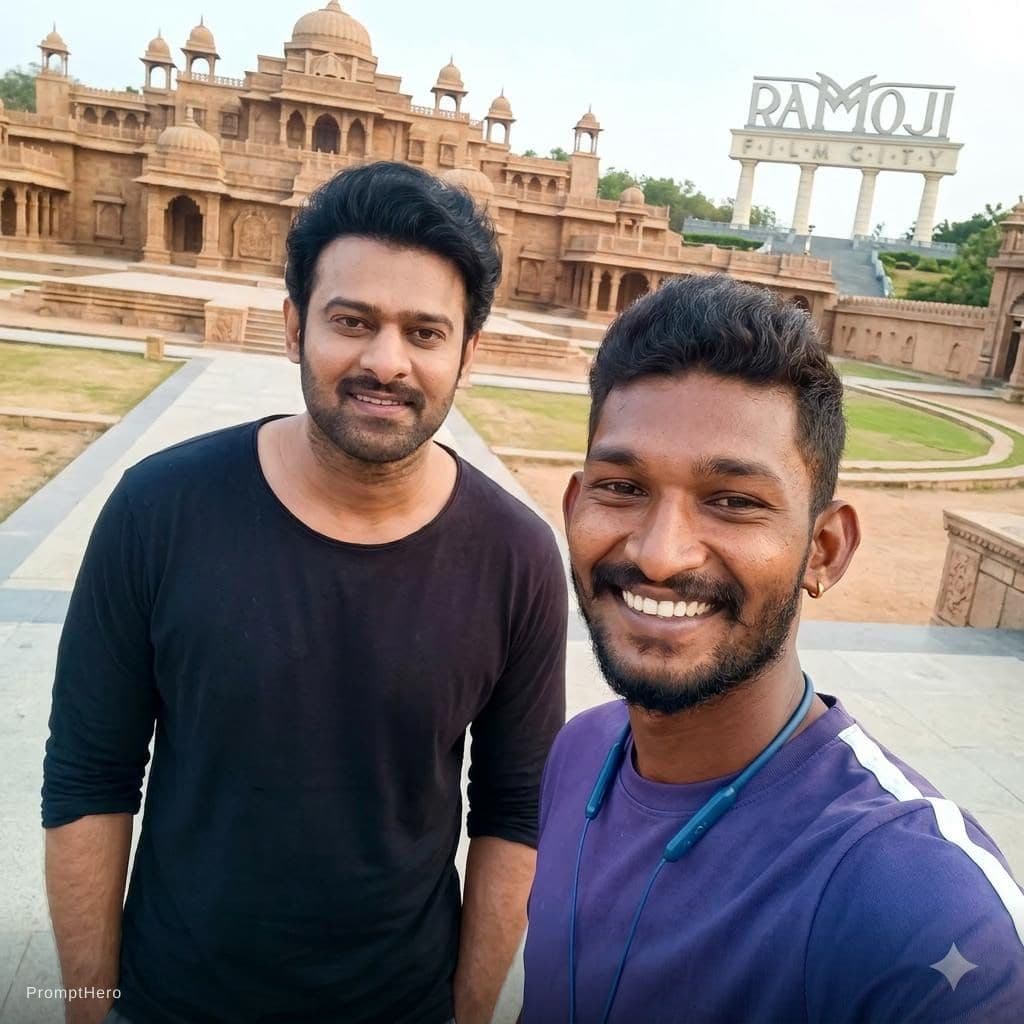 AI generated: Create an image using prompt hero with my favorite hero prabhas at ramoji film City of Hyderabad 