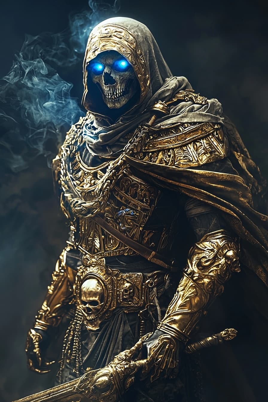 AI generated: undead pharaoh warrior, intricate gold armor of skulls and carvings, glowing blue eyes, mystical smo...