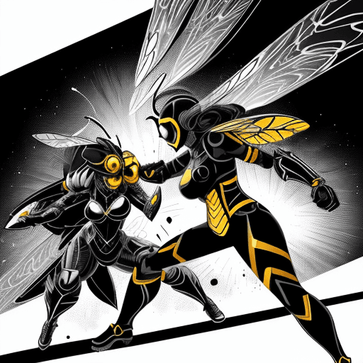 AI generated: illustration black-and-white of a The battle between a Female hero bee-inspired superarmor features ...