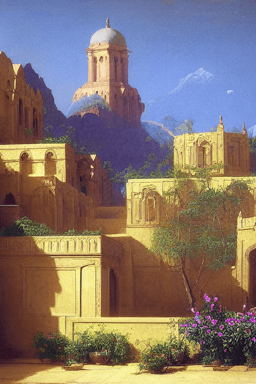 AI generated: architecture, monastery, vibrant flowers. blue Indian architecture, by Jean Leon Gerome, Asher Brown...