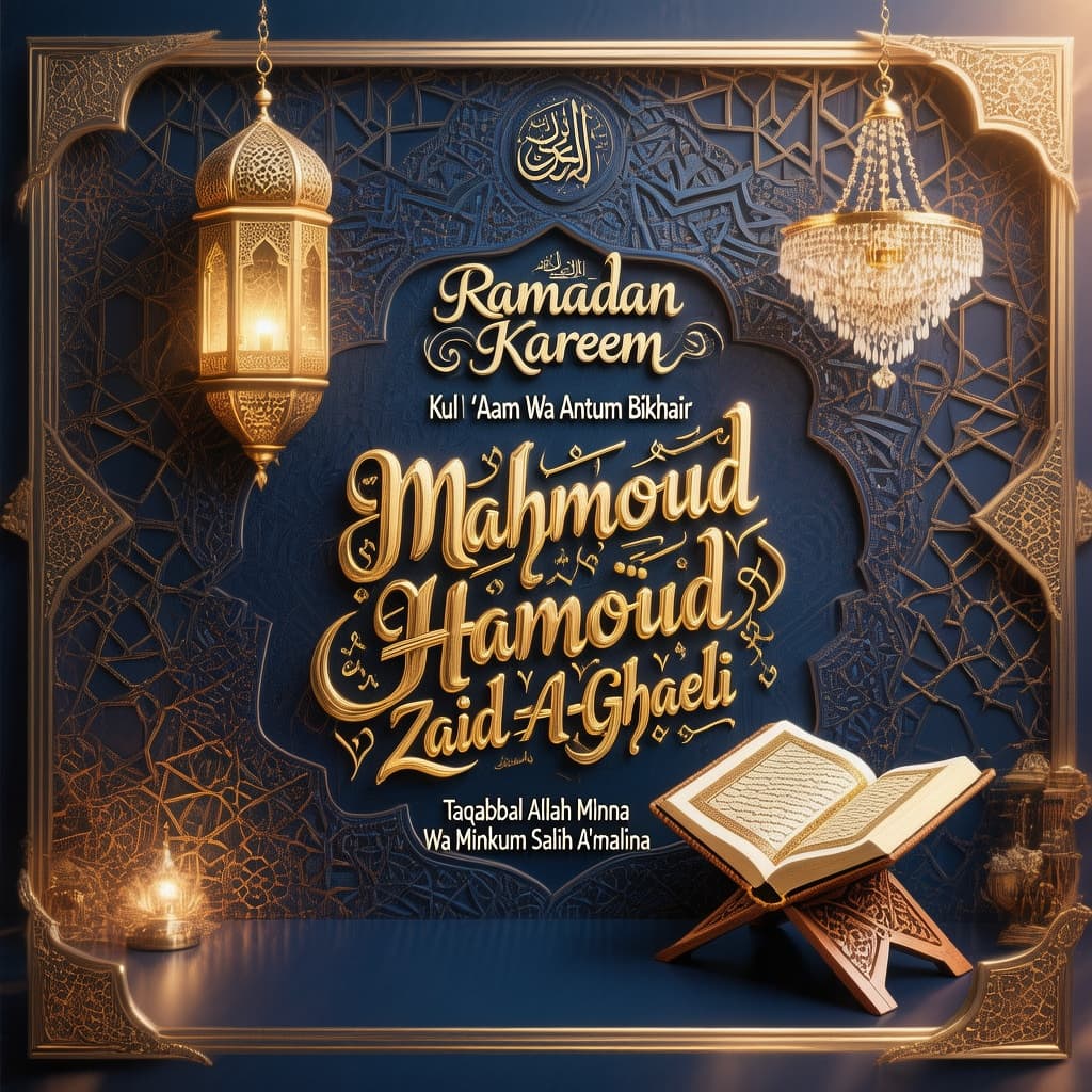 AI generated: A luxurious and professionally designed Islamic Ramadan greeting card. In the center, the name "Mahm...