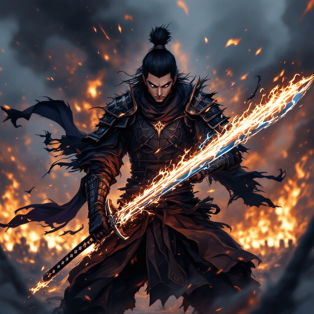 AI generated: Generate an in of an anime samurai, his sword glowing and is surrounded with black flames. He has a ...