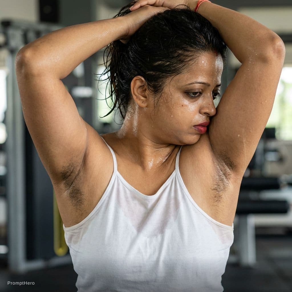 AI generated: Sweaty skin and hair and showing armpit sweaty hair patch and pose like holding two hands on up hair...