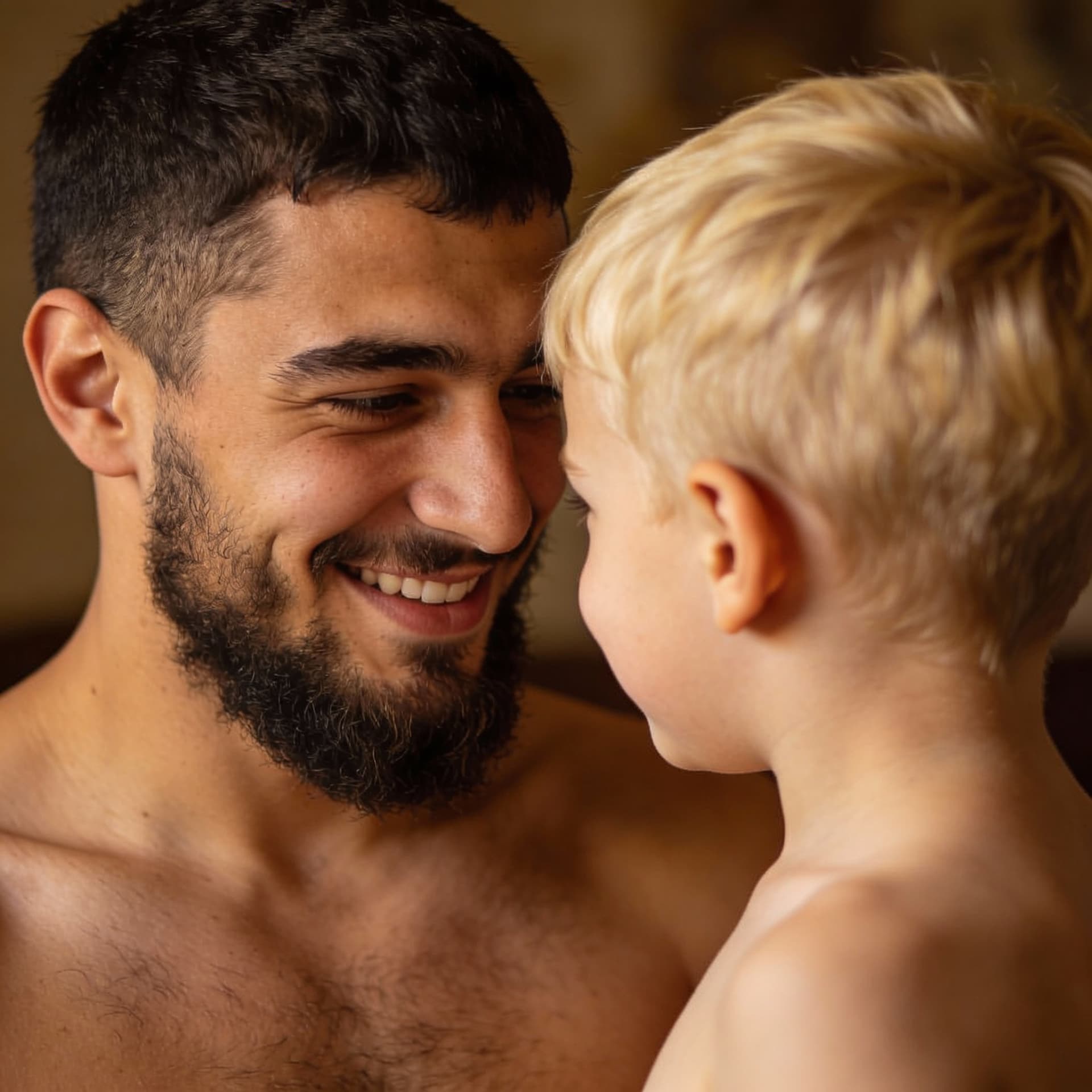 AI generated: Fait un très jeune garçon blanc blond qui encule un jeune tchétchène de 20 ans barbu qui sourit de p...