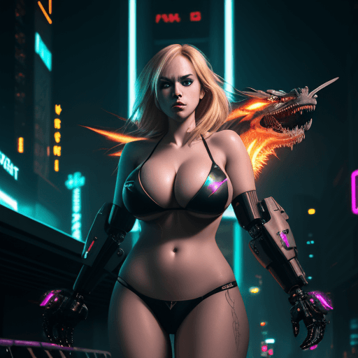 AI generated: blond girl facing front wearing cyberpunk outfit with large breasts in a bikini top, looking at view...