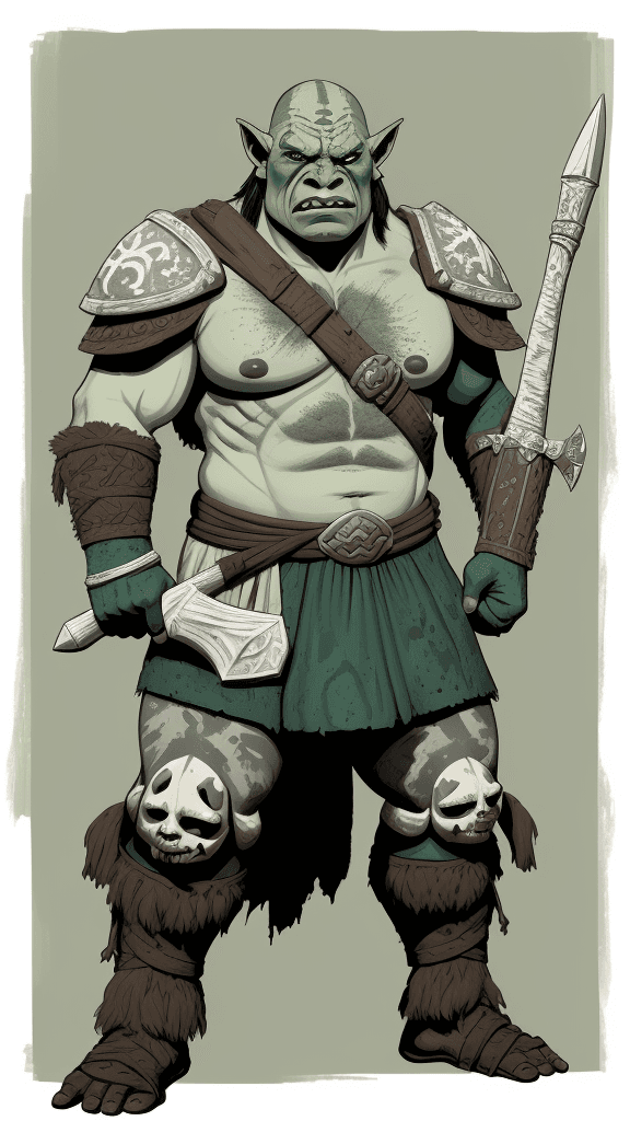 AI generated: a drawing of a orc with shield and bone club, in the style of adventure pulp, dark white and bronze,...
