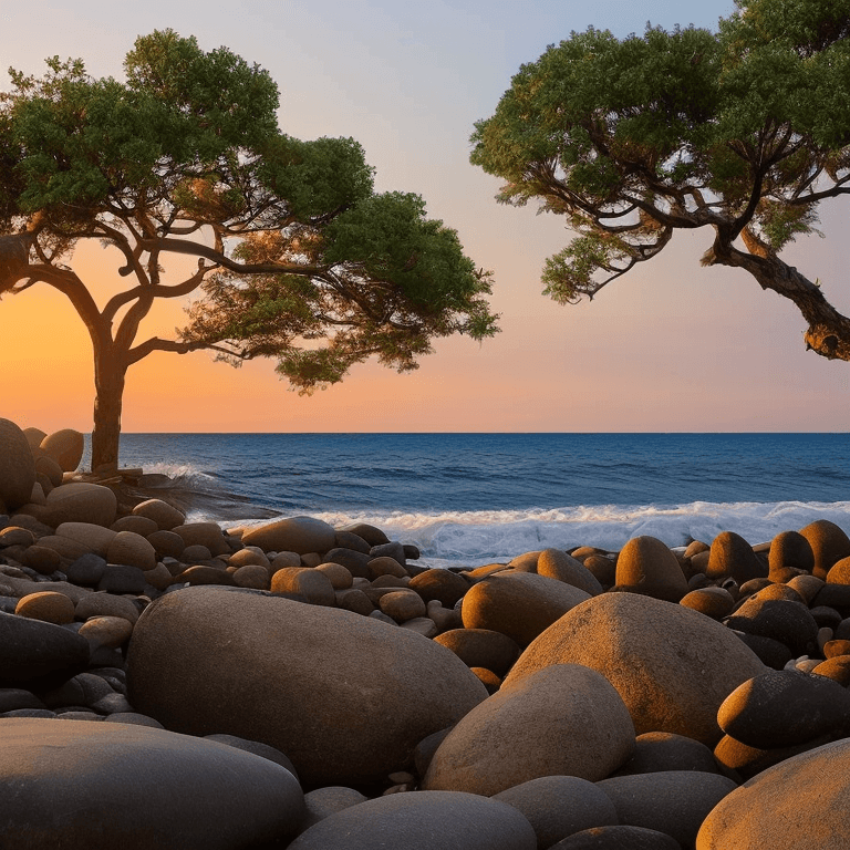 AI generated: oil on canvas, small clouds, 
smooth beach, tree, small rocks, 
beautiful setting, early evening, wa...