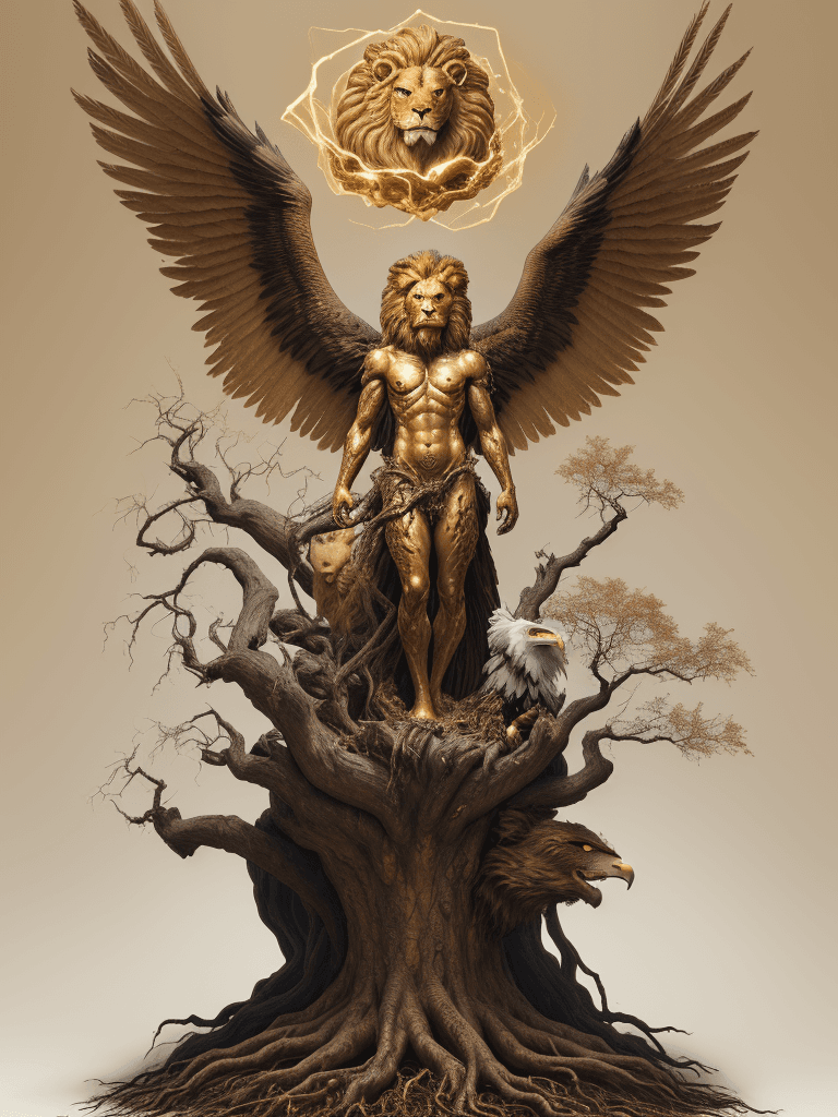 AI generated: a humanoid figure with the body of a lion and the head of an eagle, standing atop a twisted, gnarled...