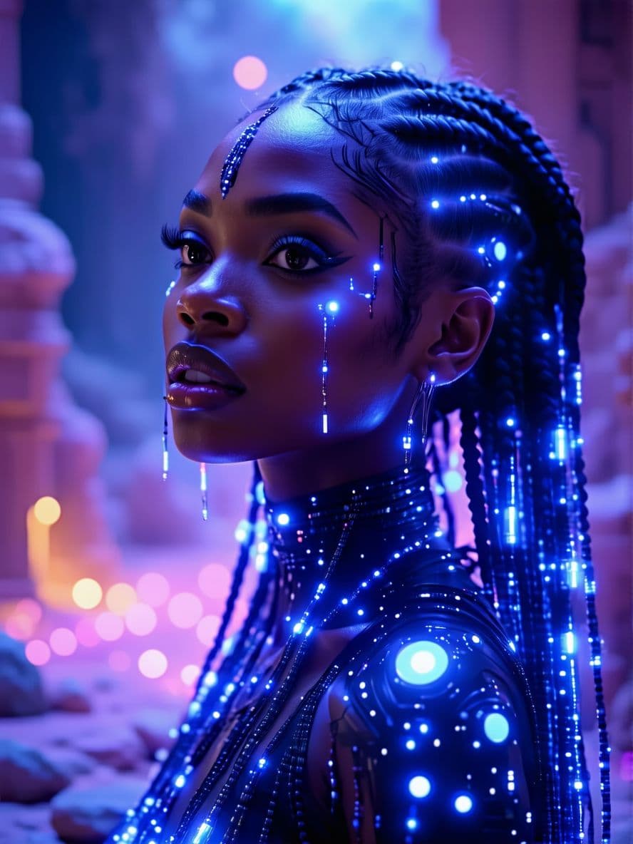AI generated: Create a (hyper realistic:1.2) (Afrofuturistic:1.5) (dreamcore:1.0) (fantasycore:1.3) masterpiece in...