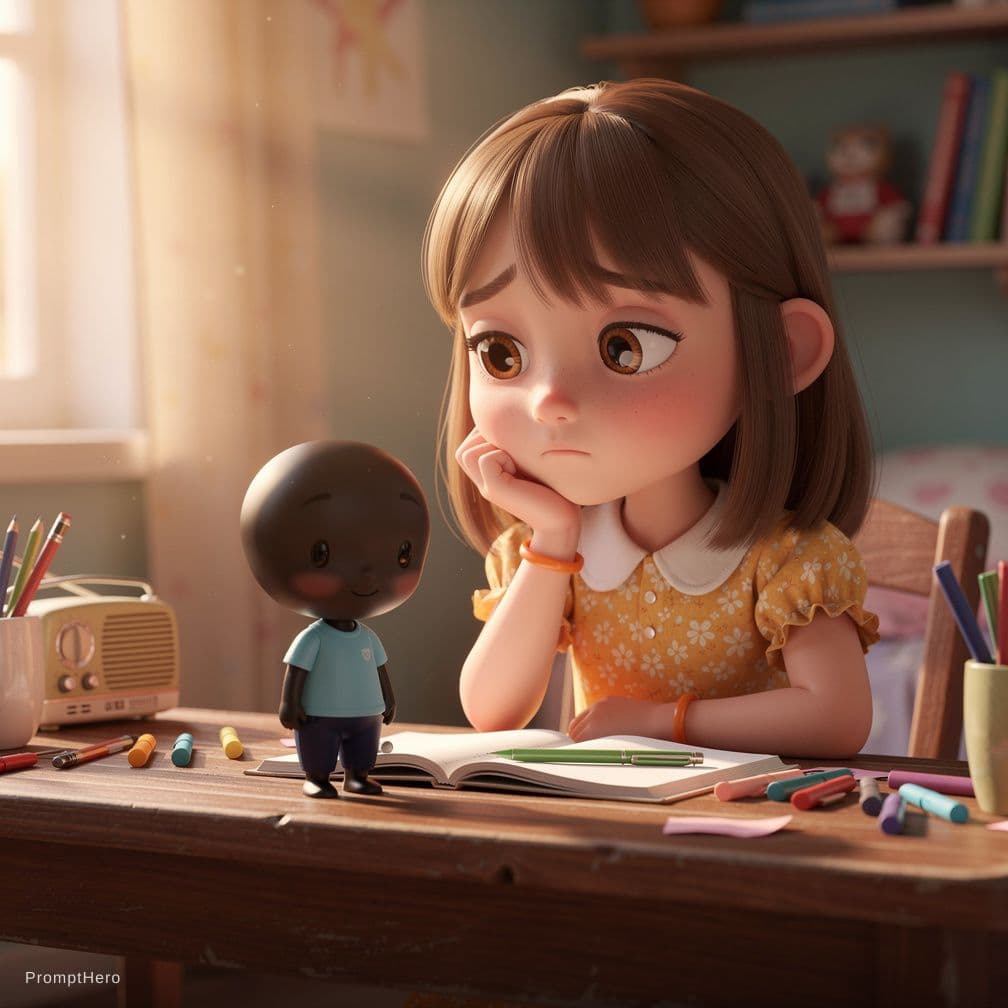 AI generated: Kız (ana karakter)
cute 9-10 year old girl, big expressive eyes, brown shoulder-length hair with sof...