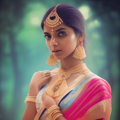 AI generated: very beautiful indian girl in bright saree, white deep neck blouse, full body charismatic personalit...