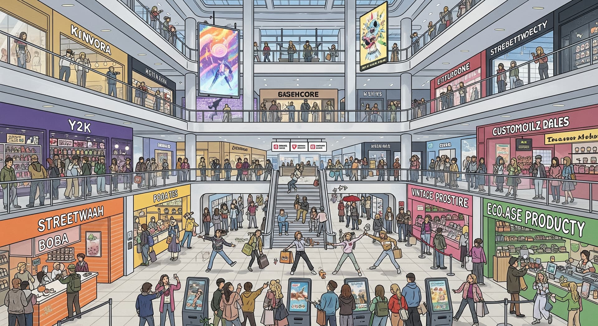 AI generated: Create an extremely detailed and vibrant Wimmelbild depicting 'Peak Saturday at a Gen Z Paradise Mal...