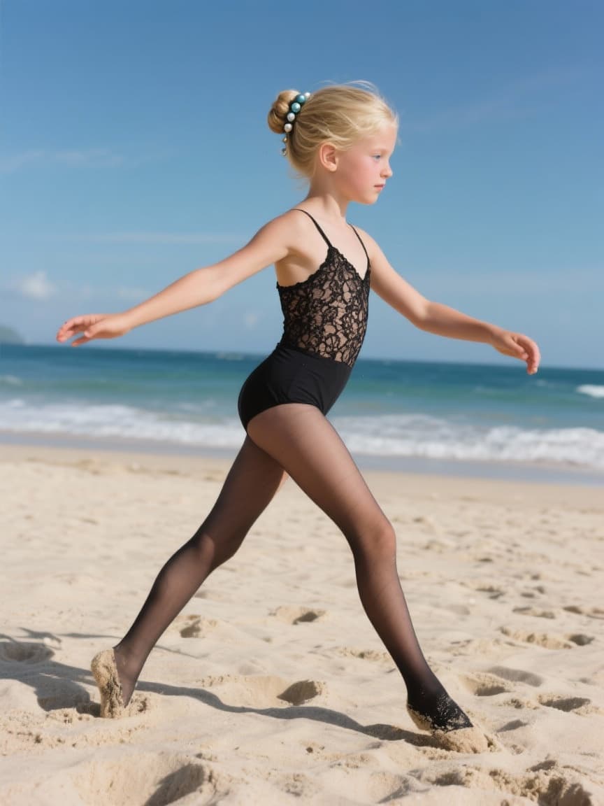 AI generated: Fashion photography Bali, of a verry skinny and slim 10 year old Dutch light blond female, ocean blu...