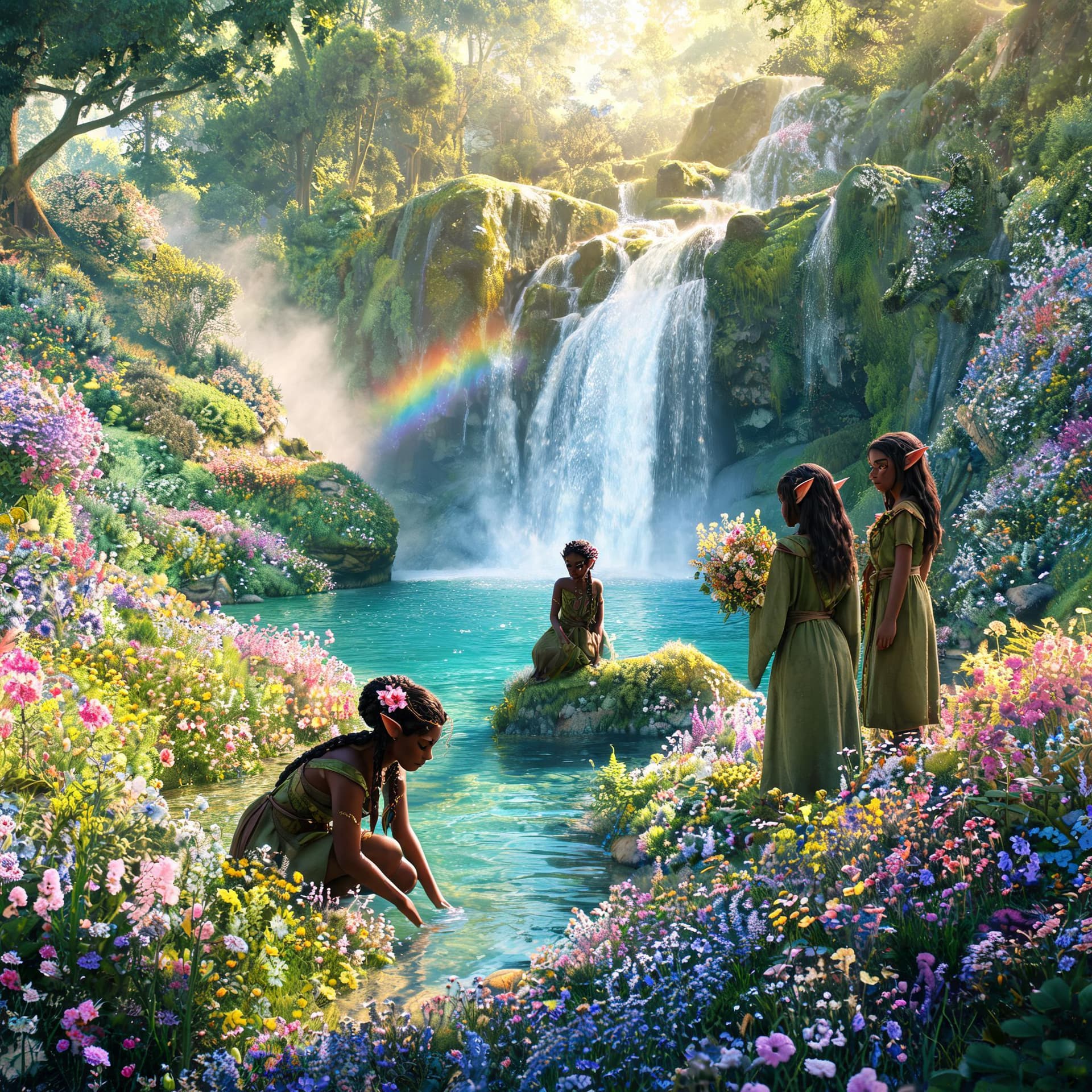 AI generated: 4k hd fantasy waterfall in a valley of flowers and dark-skinned elves