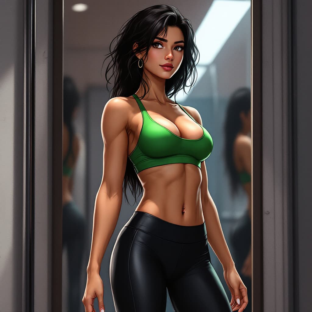 AI generated: (Anime Style:1.2), (An anime Indian Woman:1.05), mid 30's age, (muscular body:1.05) posing in front ...