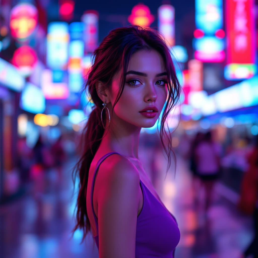 AI generated: a woman in a purple top in a neon city, in the style of chinapunk, iconic album covers, soft-focus p...