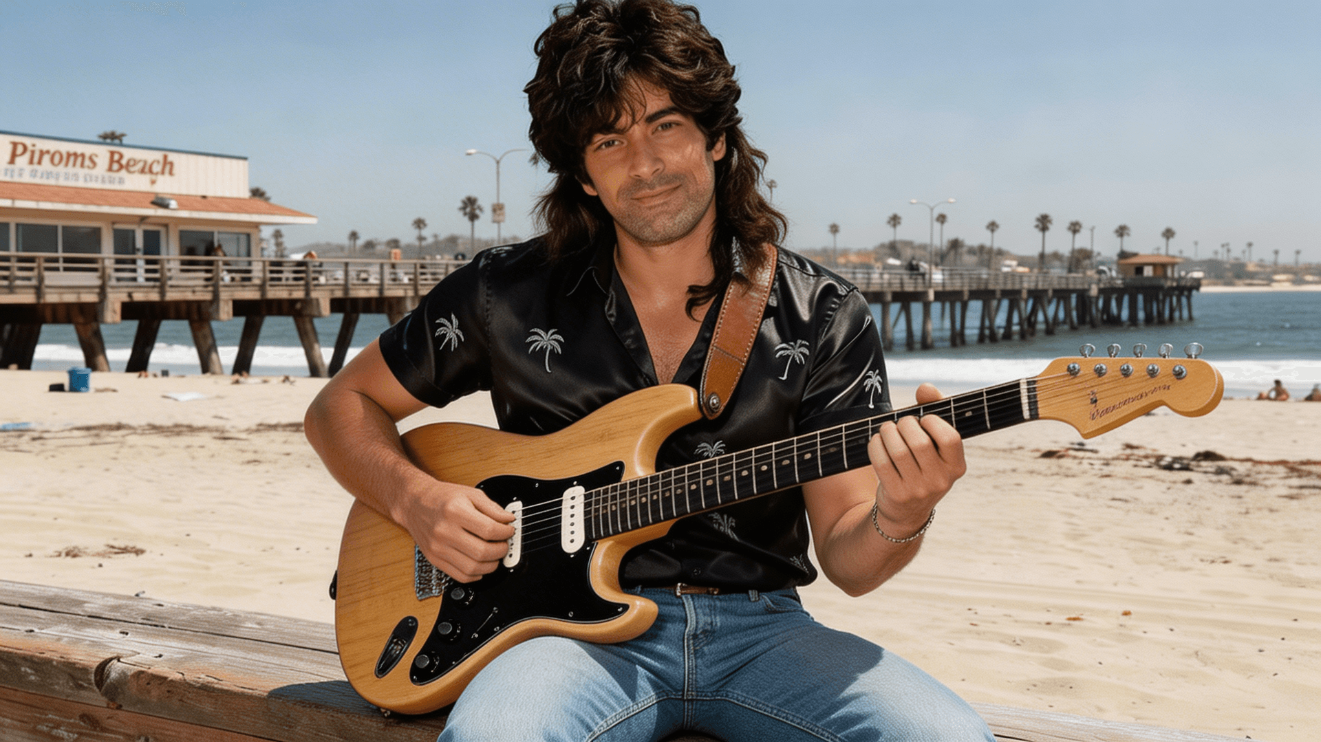 AI generated: Rock guitar player wearing a black, satin hawaiian style shirt sleeved shirt, with light grey palm t...