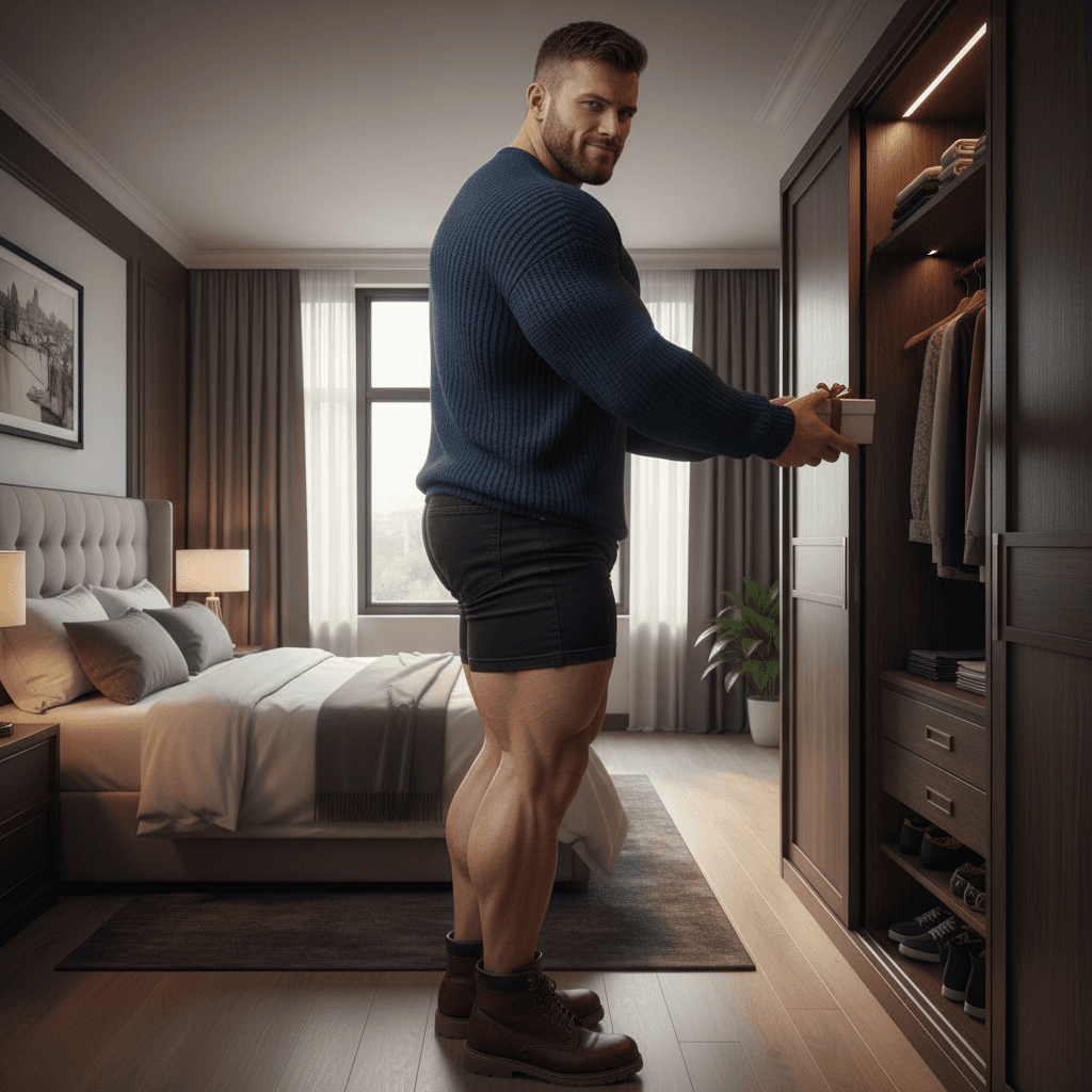 AI generated:  At a large bedroom. The model is a bodybuilder, he has muscular shoulders, and huge muscular legs. ...