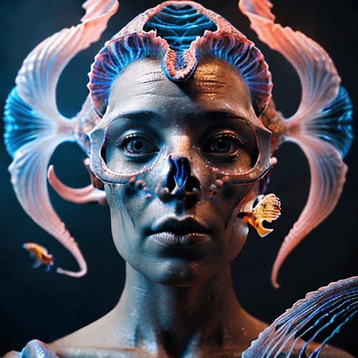AI generated: Goddess close-up portrait ribcagel. jellyfish phoenix head, nautilus, orchid, skull, betta fish, bio...