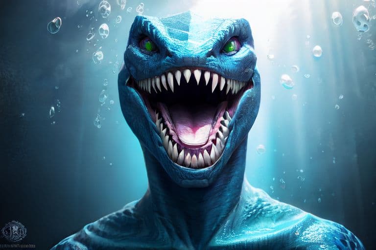 AI generated: An aquatic demon, humanoid figure, angular features, blue skin tone, furrowed brow, sharp teeth, ope...