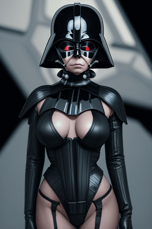 AI generated: woman dressed as darth vader, star wars, lingerie, WITH HELMET, starship background, (((full body vi...