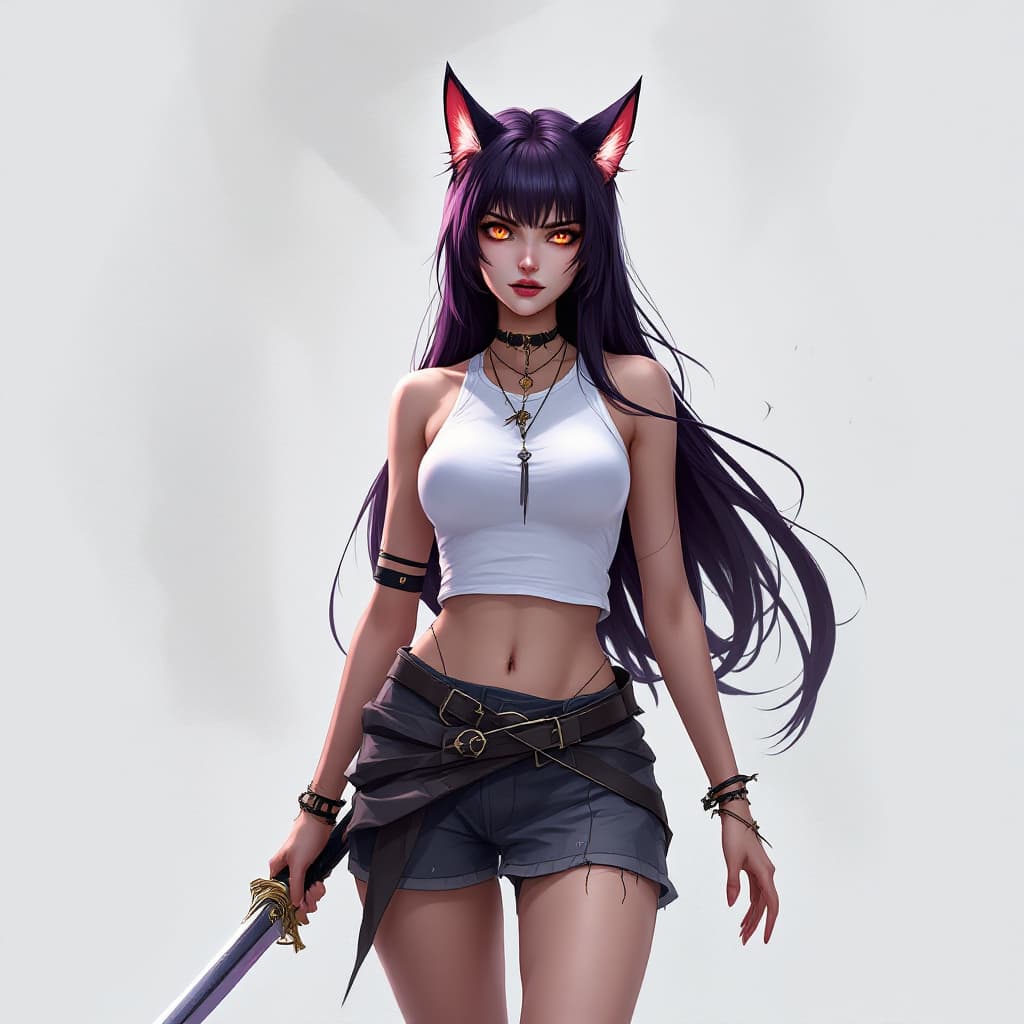 AI generated: 1 woman, weapon longsword, long hair, dark purple hair,cat ears, white background, solo, looking at ...