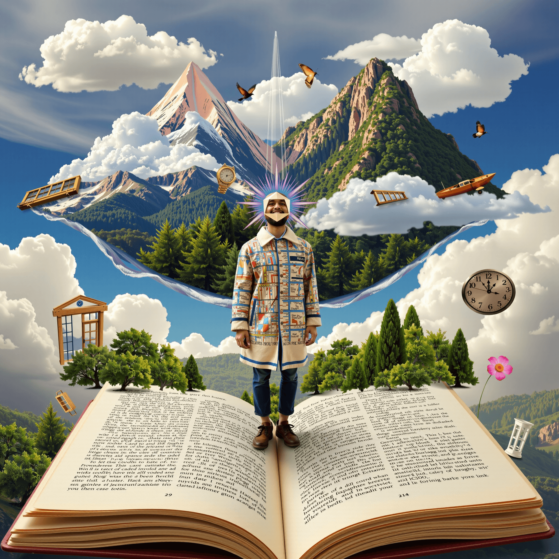 AI generated: A surreal AI-collage-style scene showing a person standing on a giant open book floating in the sky....