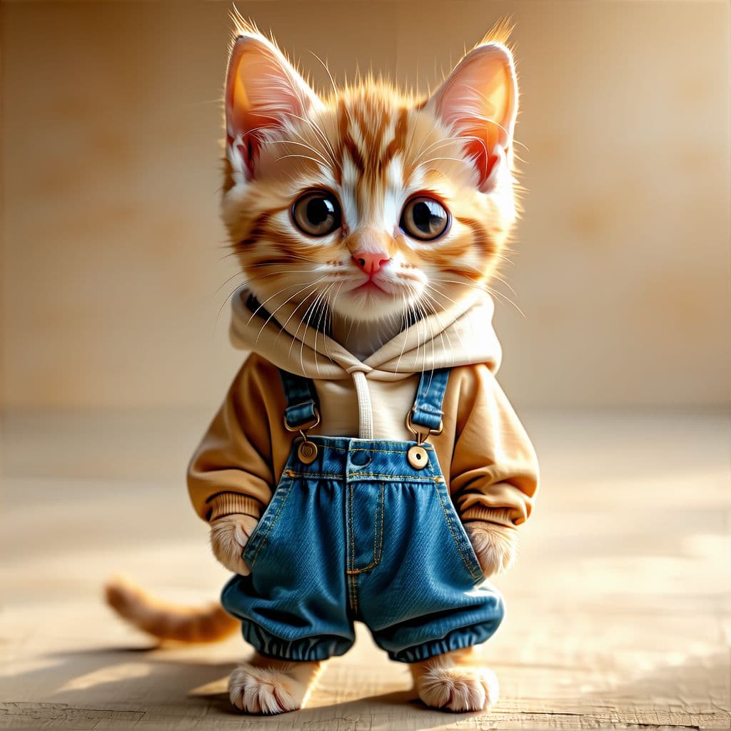 AI generated: anthropomorphic orange tabby kitten, full body portrait, standing upright like a human, wearing cute...