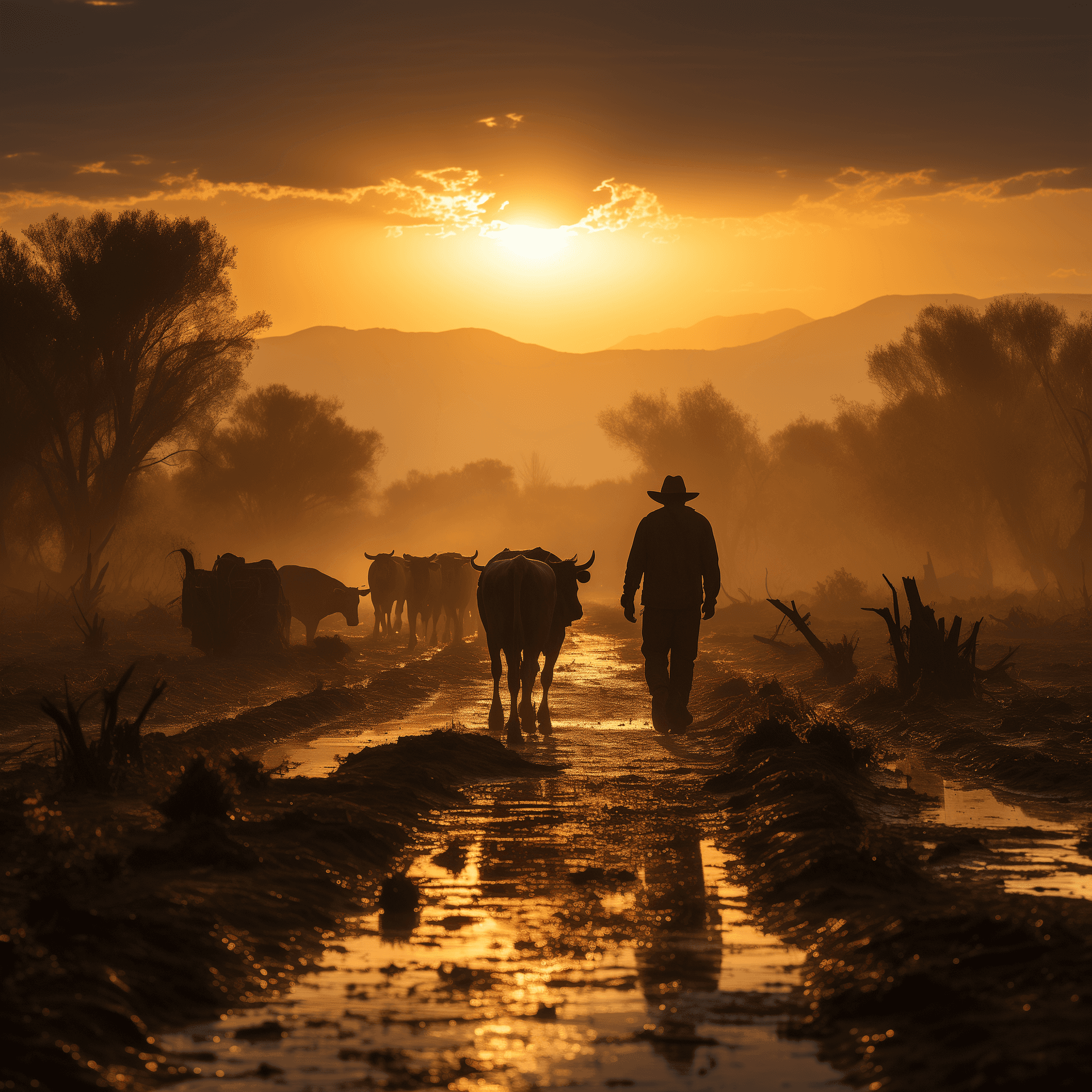 AI generated: A pastoral scene with a high dynamic range, backlit with soft golden hour light, capturing the silho...