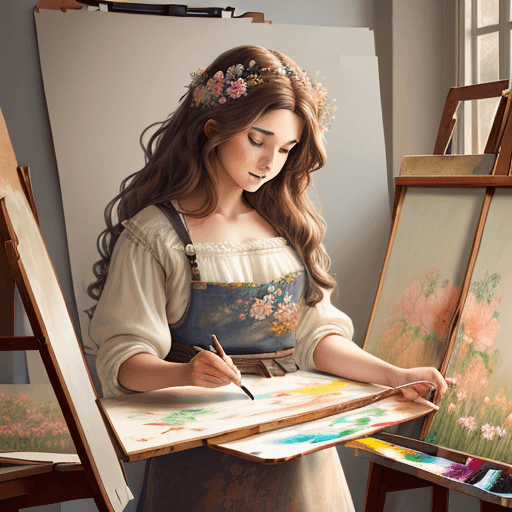 AI generated: A full wide view of a beautiful woman with long wavy brown hair, painting flowers on a drawing board...