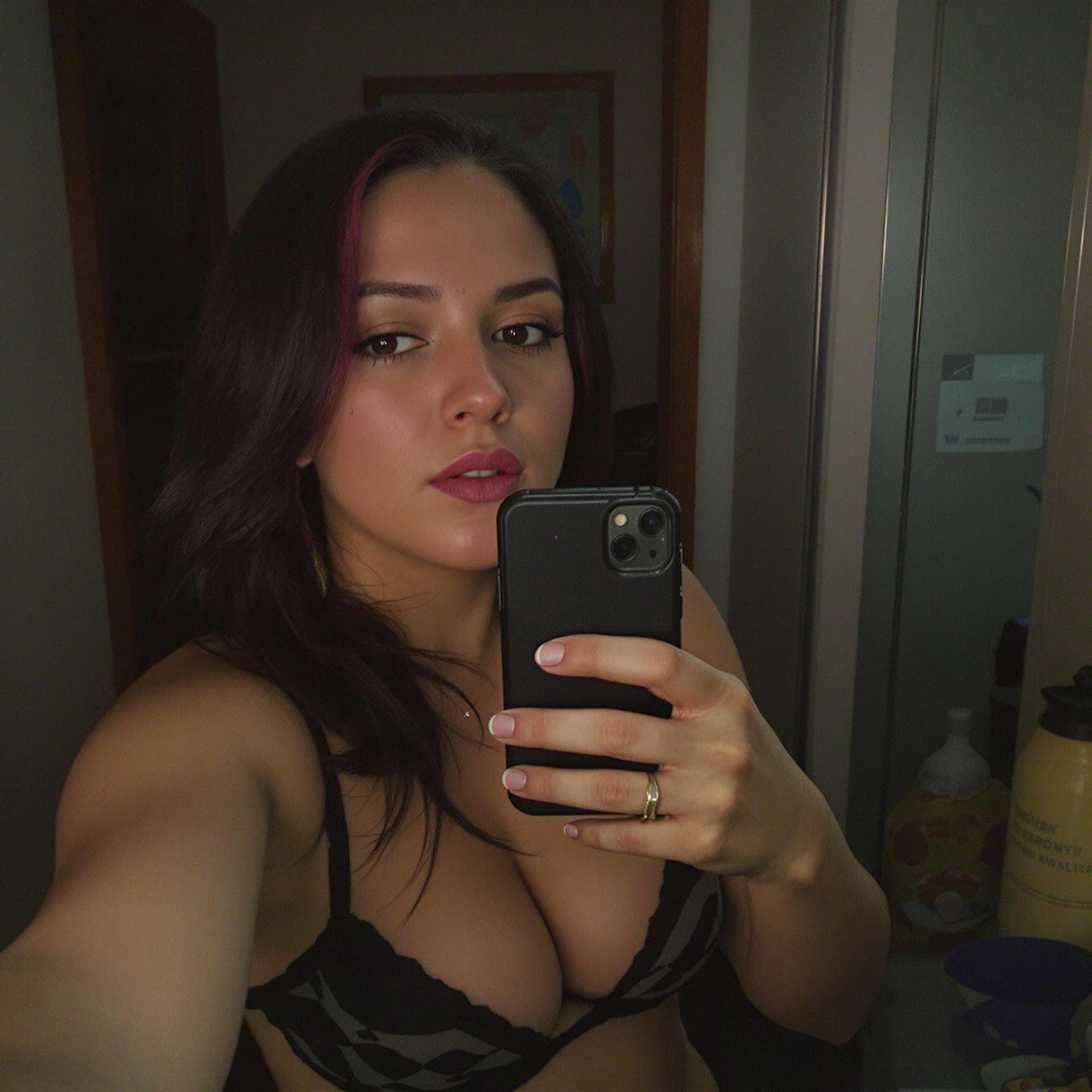 AI generated: low quality phone photo, , a girl realistic, , selfie, credible, sexy, truly horny, alone 