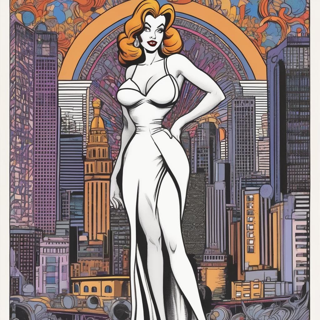 AI generated: Full body cartoon portrait of Jessica Rabbit, colorized ink drawing in the style of Robert Crumb