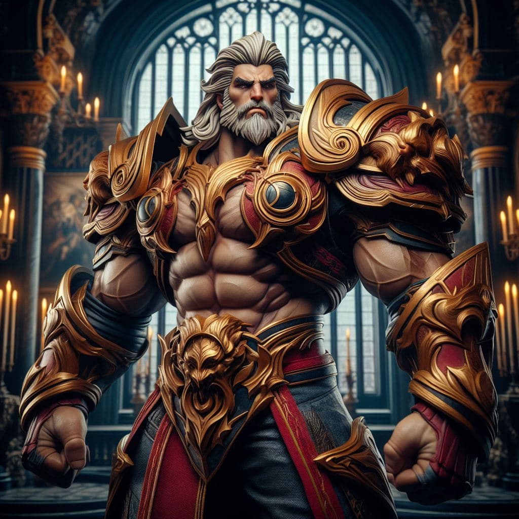 AI generated:  Braum Lionheart in a hyper-realistic photograph set amidst a grand and majestic castle. Showcase hi...