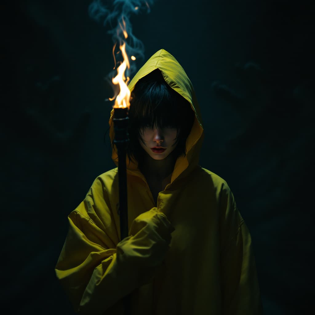 AI generated: full body view of a mysterious 18 year old woman, with messy black hair cut into a bob and long bang...