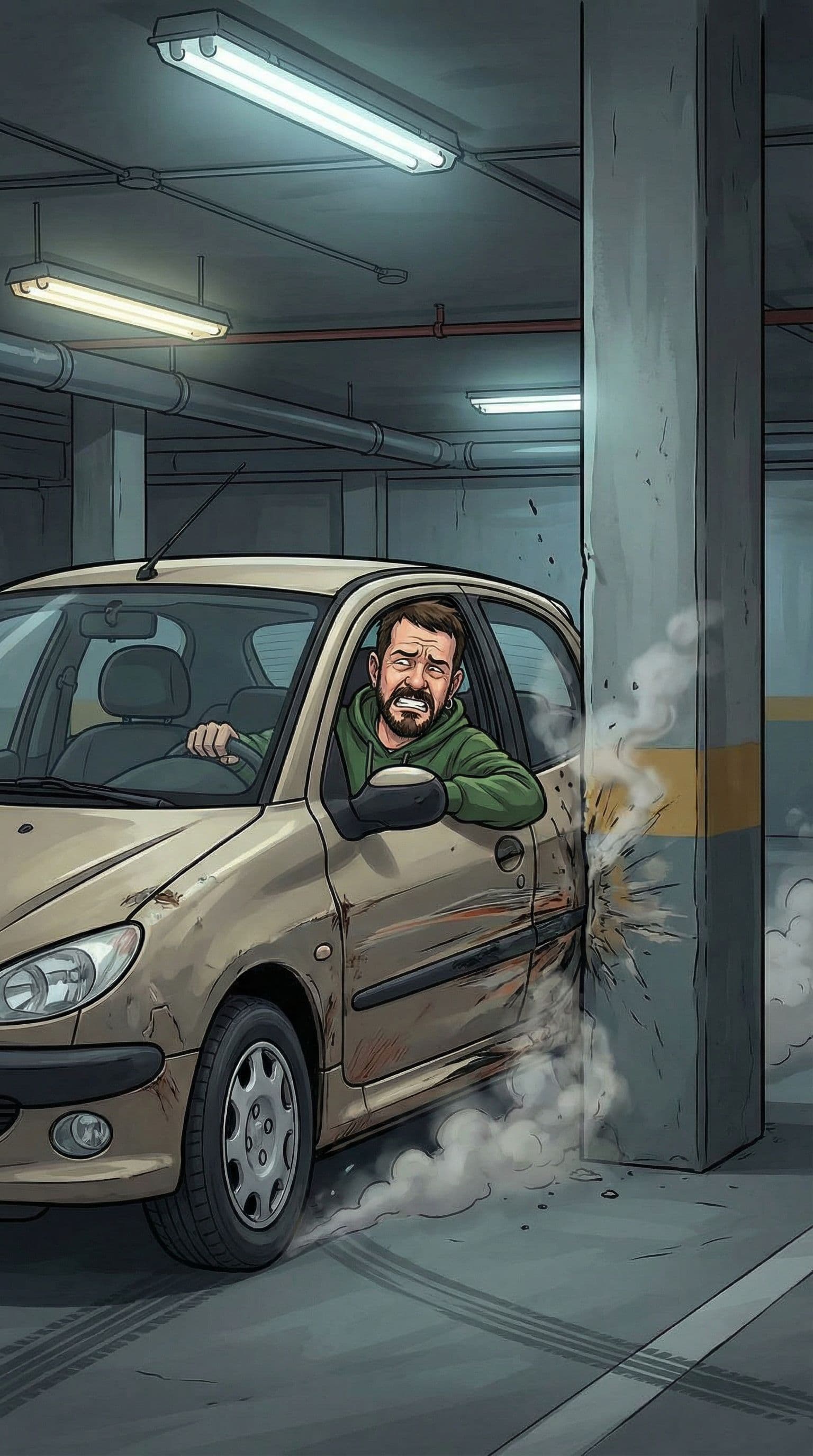 AI generated: Ponme al tipo de referencia pegándole un buen rozón contra una columna a un coche en un garaje. Cart...