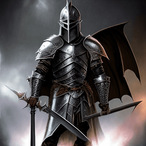 AI generated: A dark fantasy knight in medieval armor with a dragon-shaped helmet, holding a sword. The scene has ...