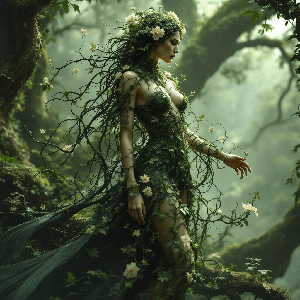 AI generated: Fantasy scene, a full-body woman, an ancient spirit of a forest, her outfit a collection of living v...