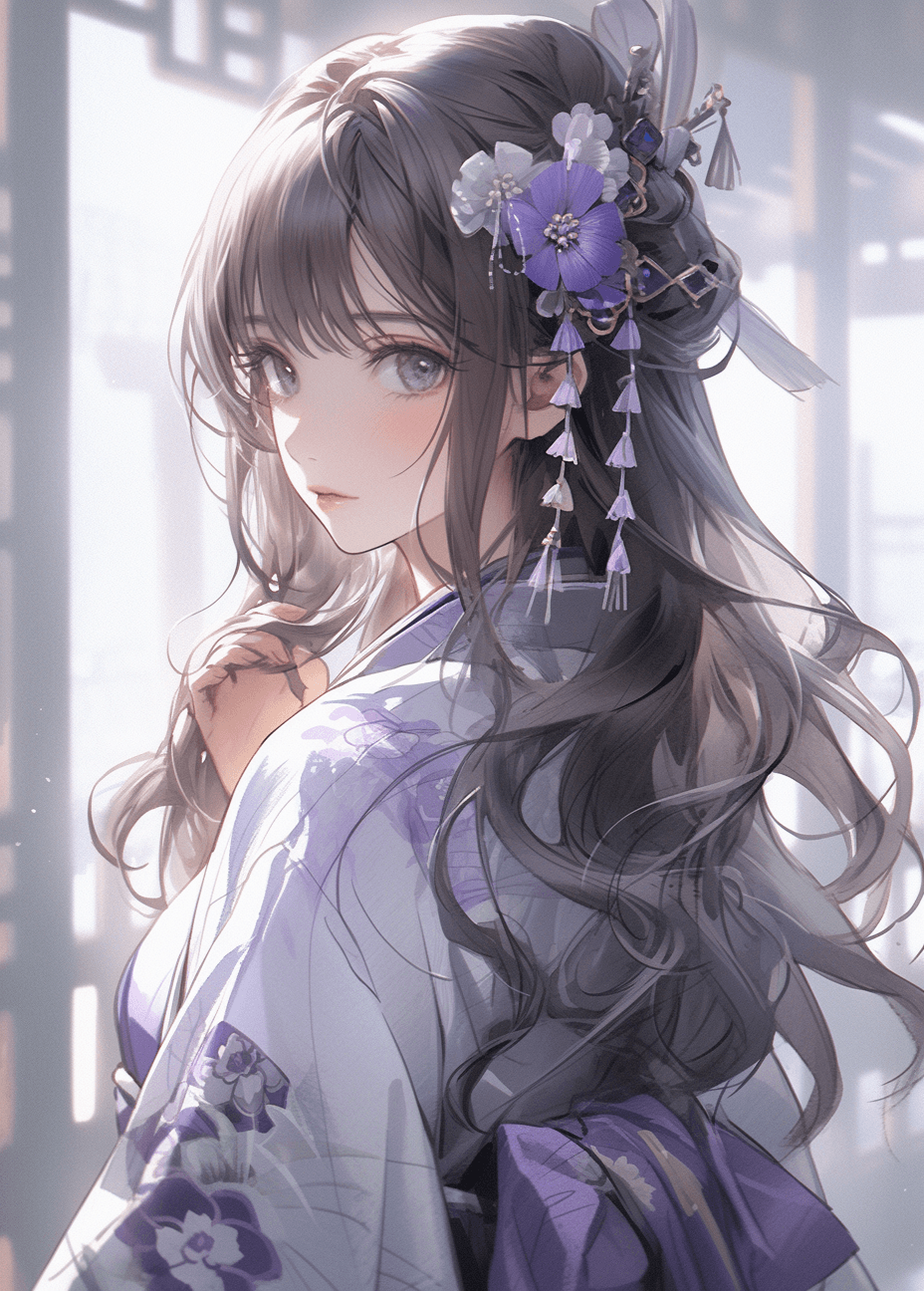 AI generated: 4k anime girl in a kimono and purple clothing, in the style of photo-realistic drawings, light white...